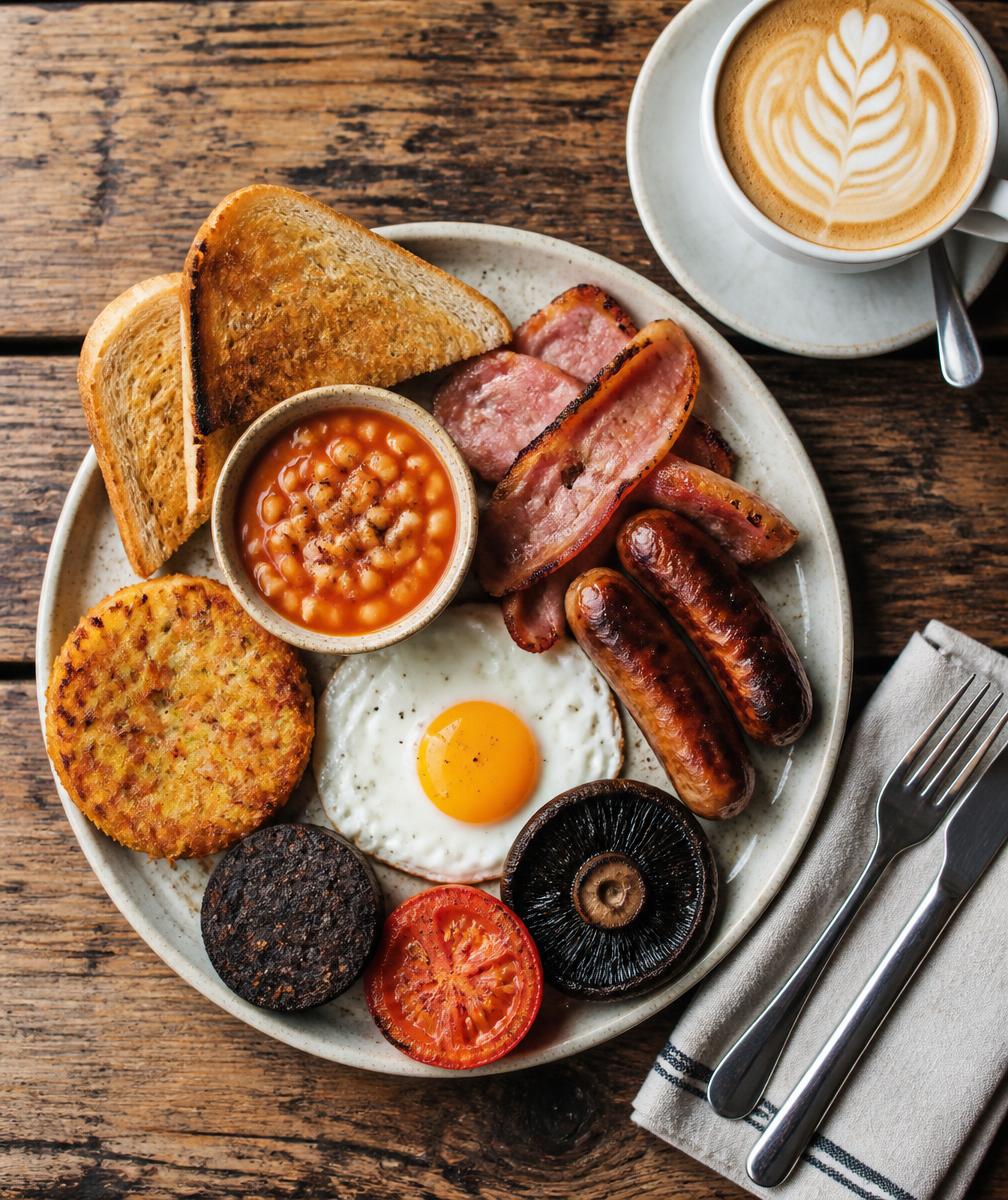 Full English breakfast with a flat white at Cafe No.8