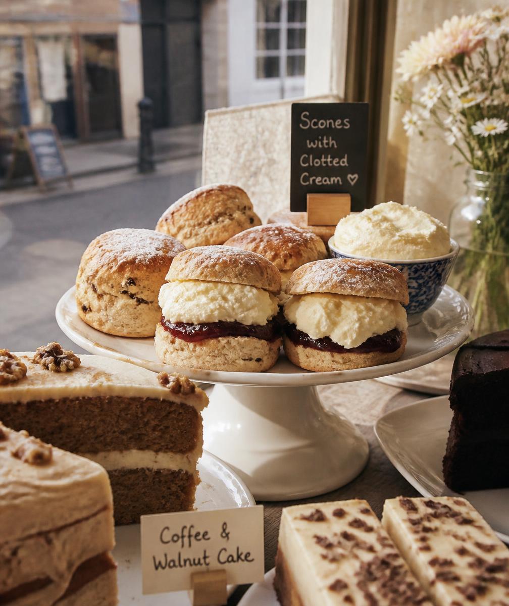 Scones with clotted cream and homemade cakes on the counter